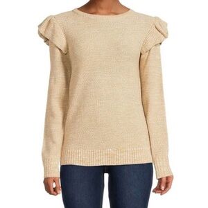 Time and Tru Tan Ruffle Shoulder Crewneck Sweater